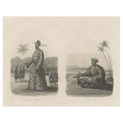 Antique Two Men in Civilian & Military Outfit from Cochinchine or Southern Vietnam, 1830
