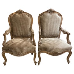 Pair of  Large Scale Louis XV-Style Paint and Gilt Arm Chairs, 19th C