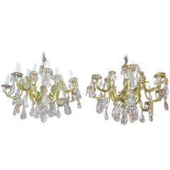 19th C Belle Epoque French Lead Crystal and Brass Sixteen Light Chandelier Pair
