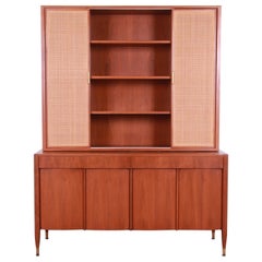 Vintage Baker Furniture Walnut and Woven Rattan Credenza With Bookcase Hutch Top, 1960s