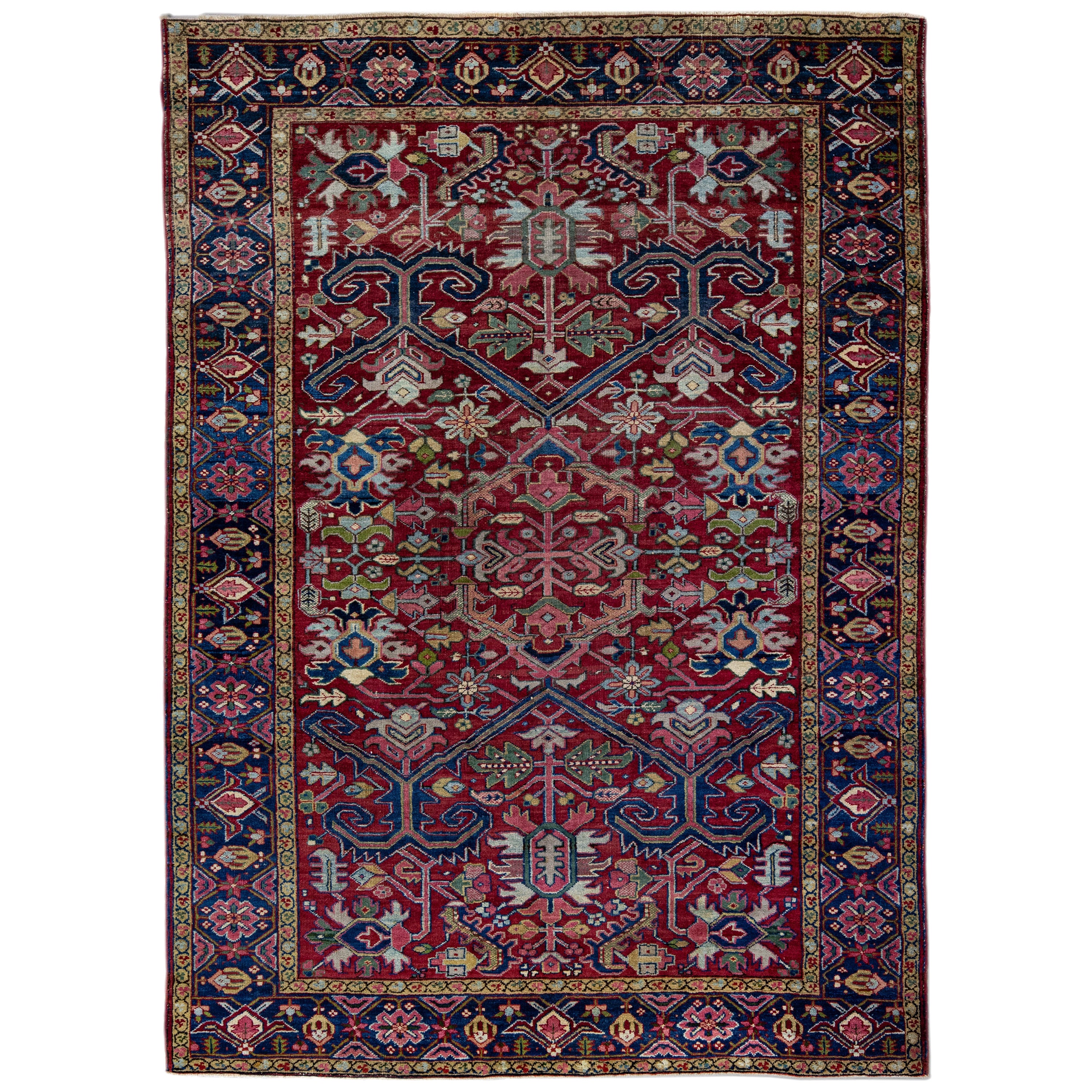 Antique Persian Heriz Red Handamade Allover Floral Wool Rug For Sale