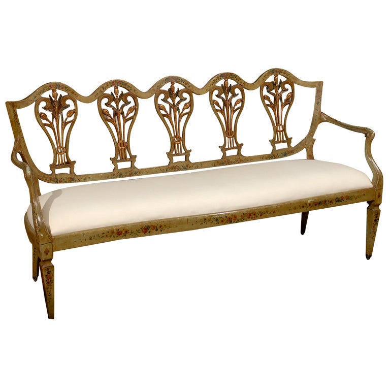 Venetian Late 18th Century Painted and Gilt Sofa with Floral and Lyre Motifs For Sale