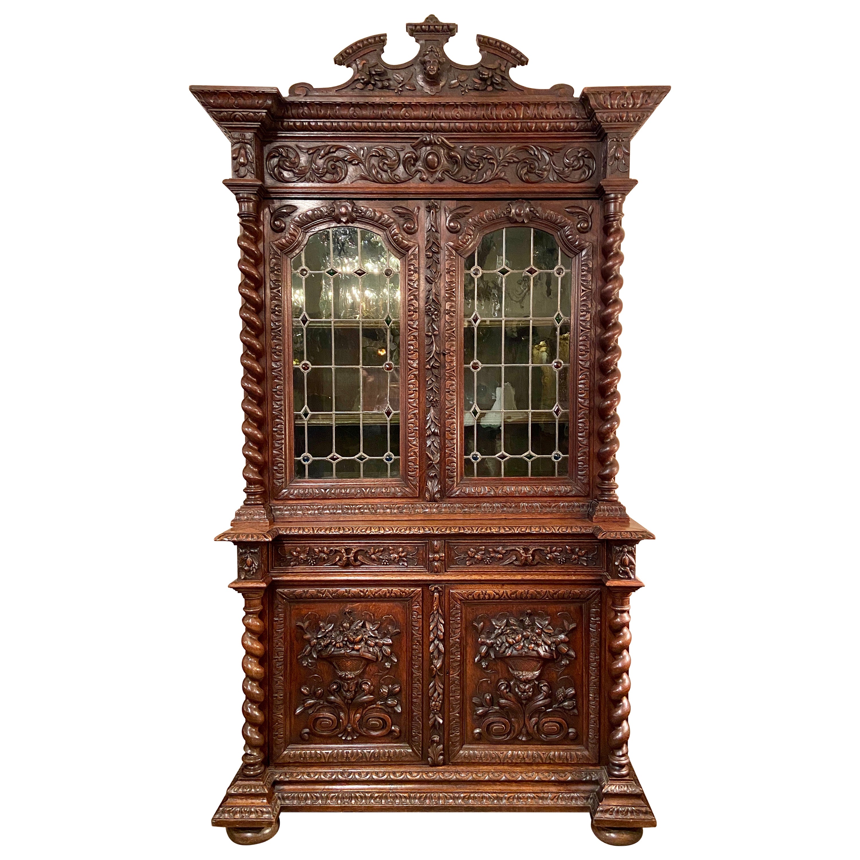 Antique English Elizabethan Carved Oak Cabinet with Lead Glass Doors, Circa 1860 For Sale