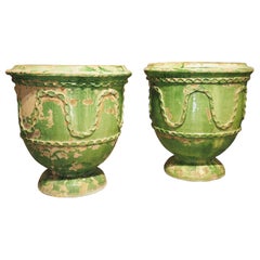 Pair of Antique Green Glazed Terra Cotta Pots from Salon-de-Provence, France
