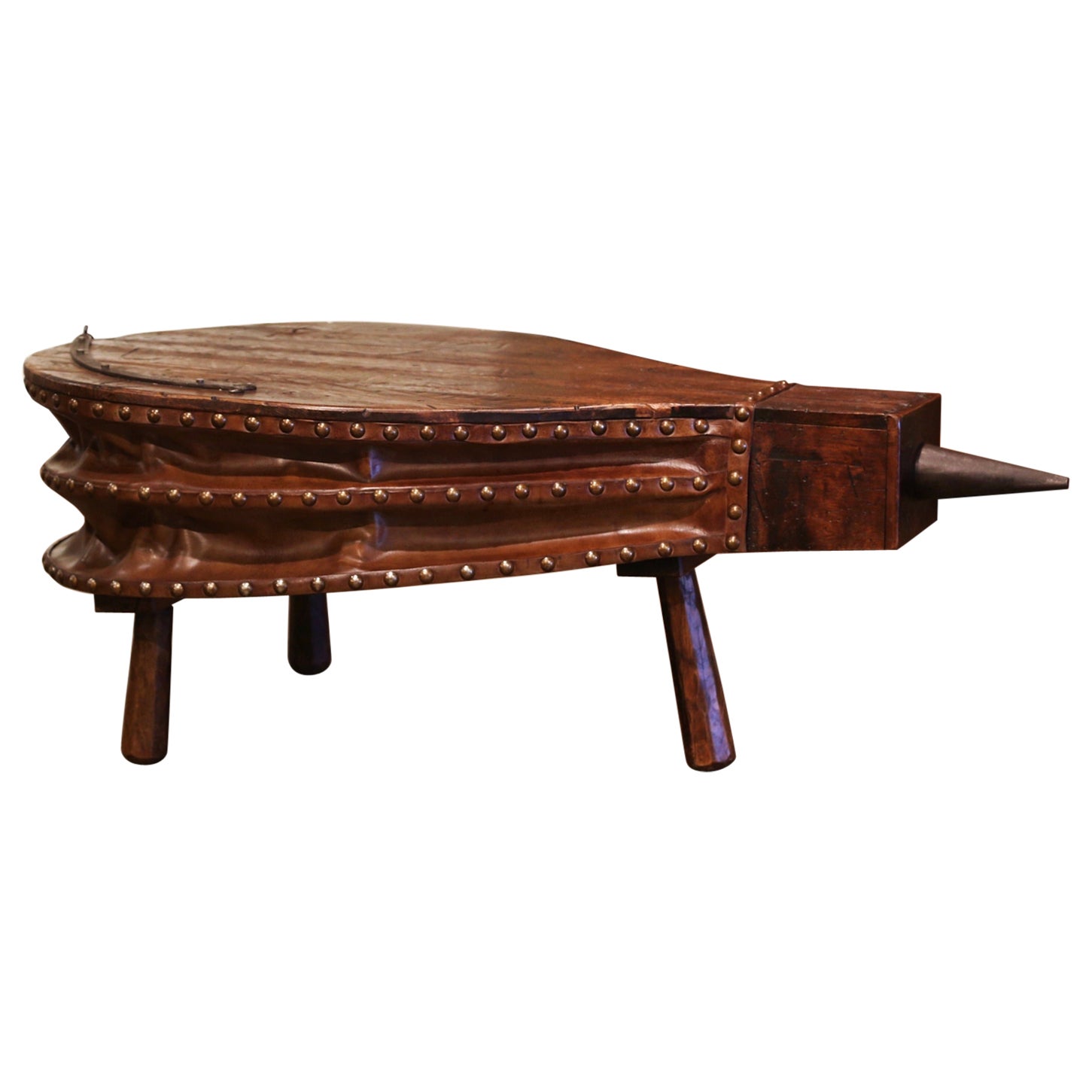 19th Century French Oak, Iron and Leather Blacksmith Bellows Coffee Table For Sale