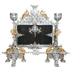 Antique French Silver and Bronze D'ore Fire Screen and Andirons, Circa 1900's