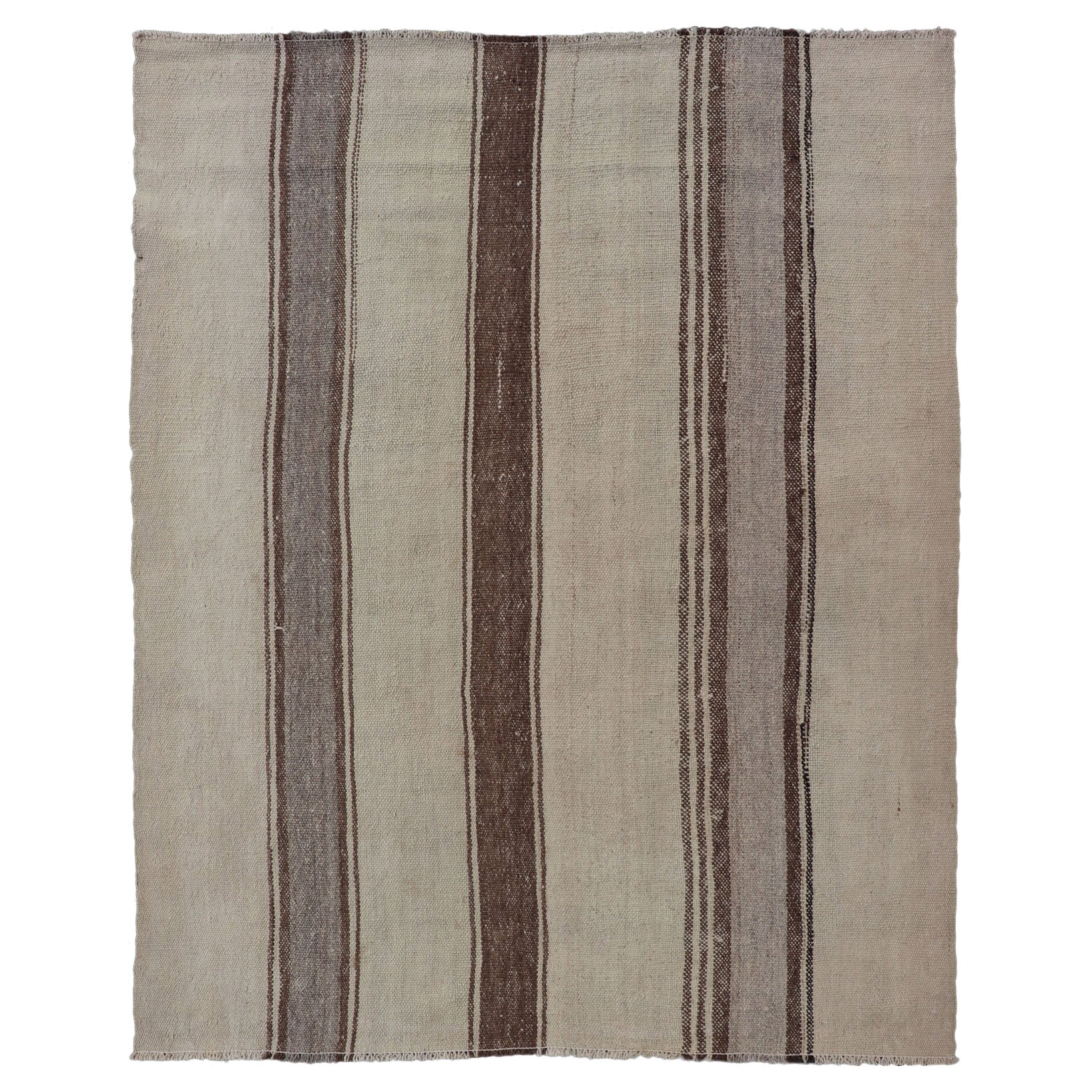 Vintage Turkish Kilim with Stripes in Tan, Gray, Taupe, Cream & Brown