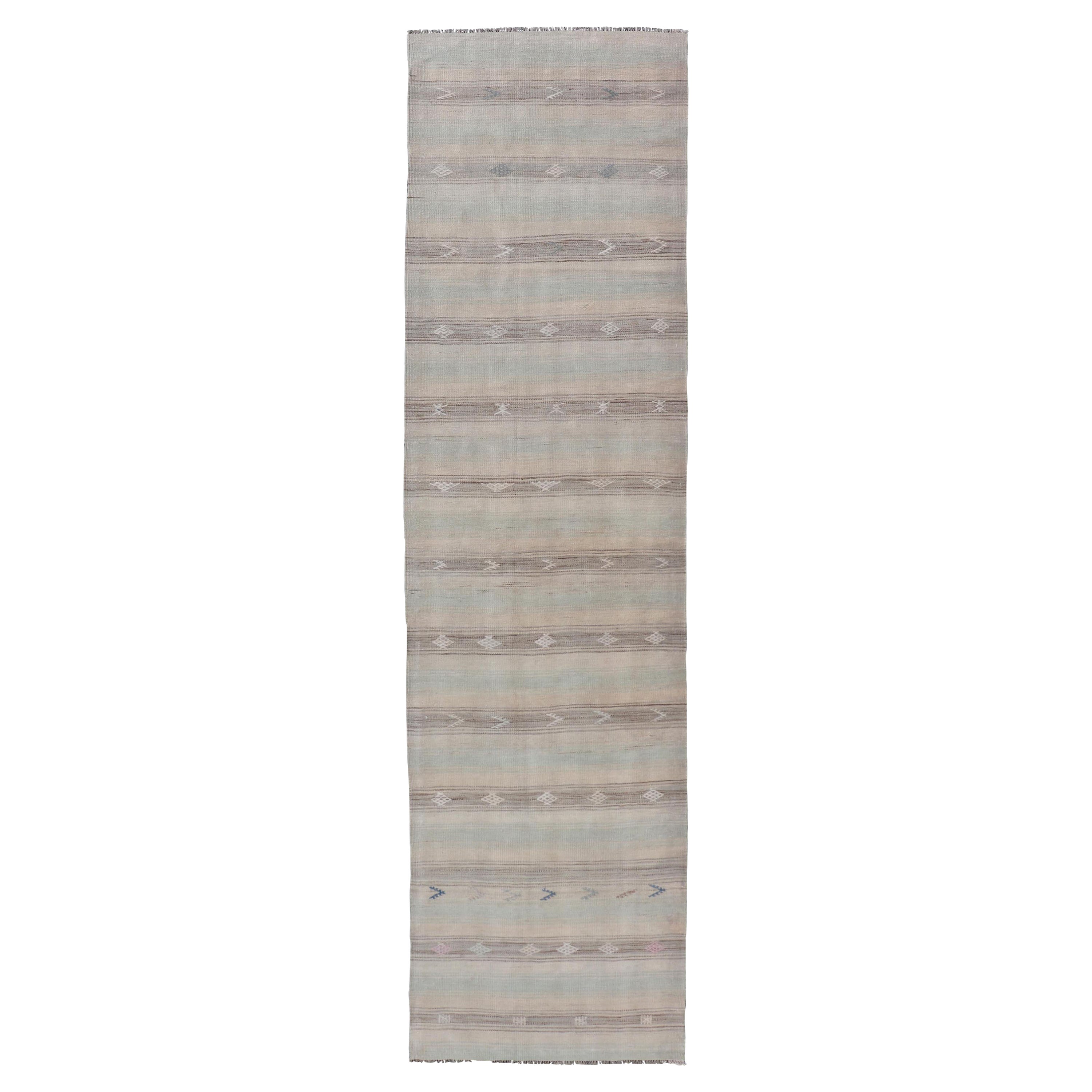 Vintage Turkish Kilim Runner with Horizontal Stripes and Tribal Motifs For Sale