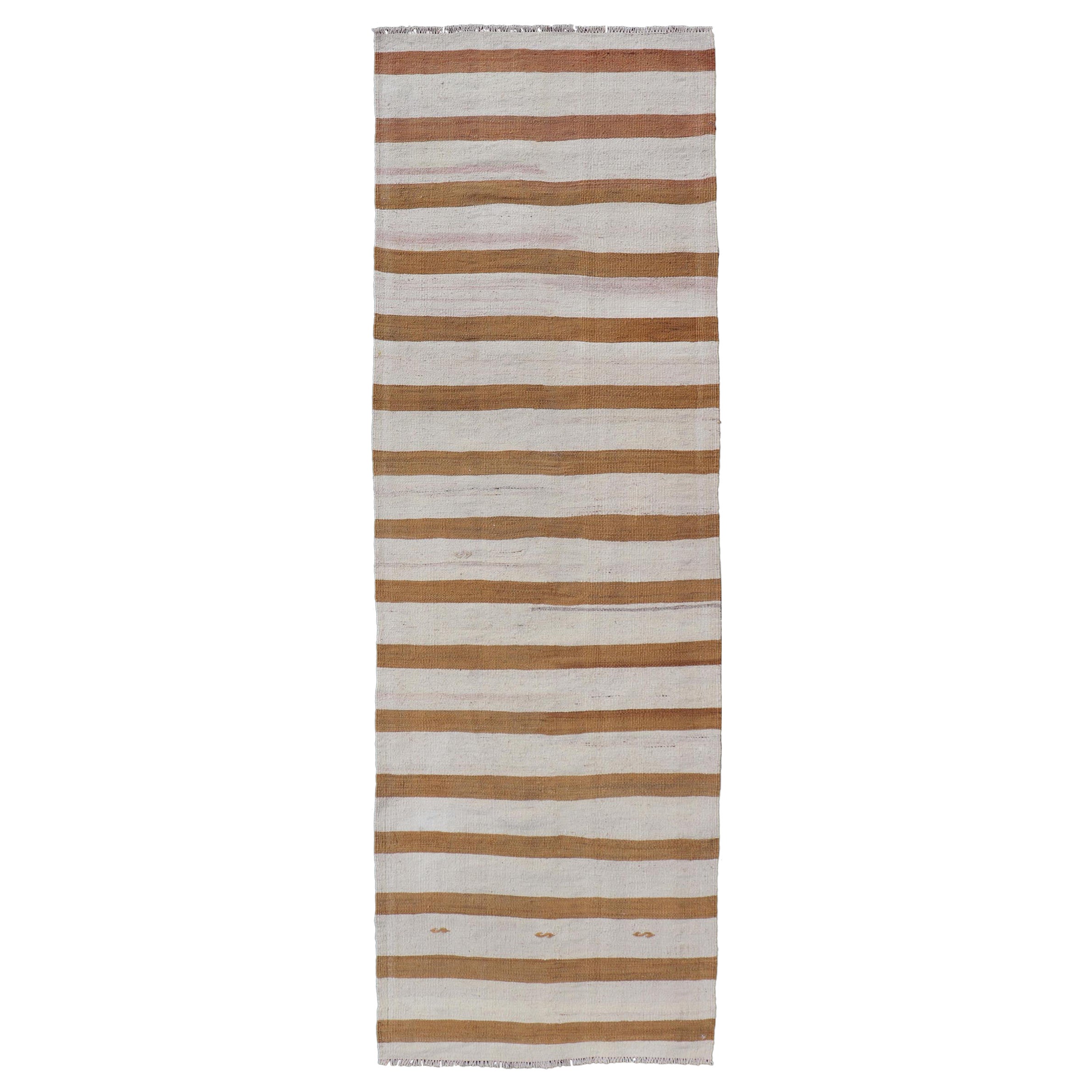 Vintage Turkish Kilim Rug with Horizontal Stripes in Light Brown and Cream