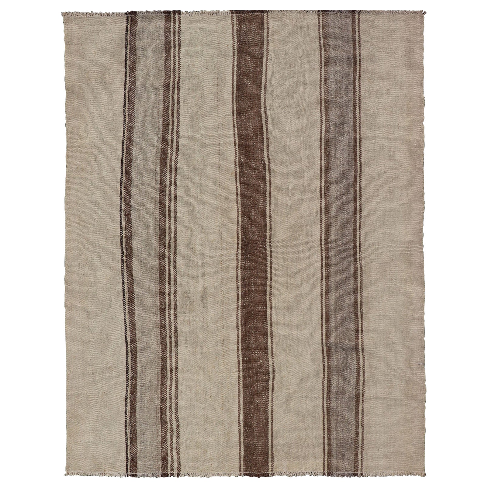 Vintage Turkish Kilim with Vertical Stripes in Tan, Taupe, Grey, Cream and Brown For Sale