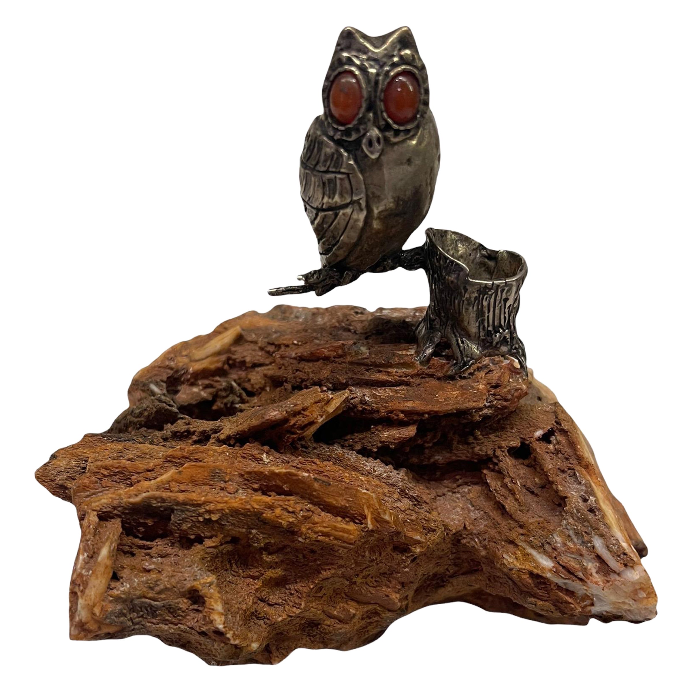 20th Century Cartier Sterling Silver Owl Figurine Perched on a Trunk. For Sale