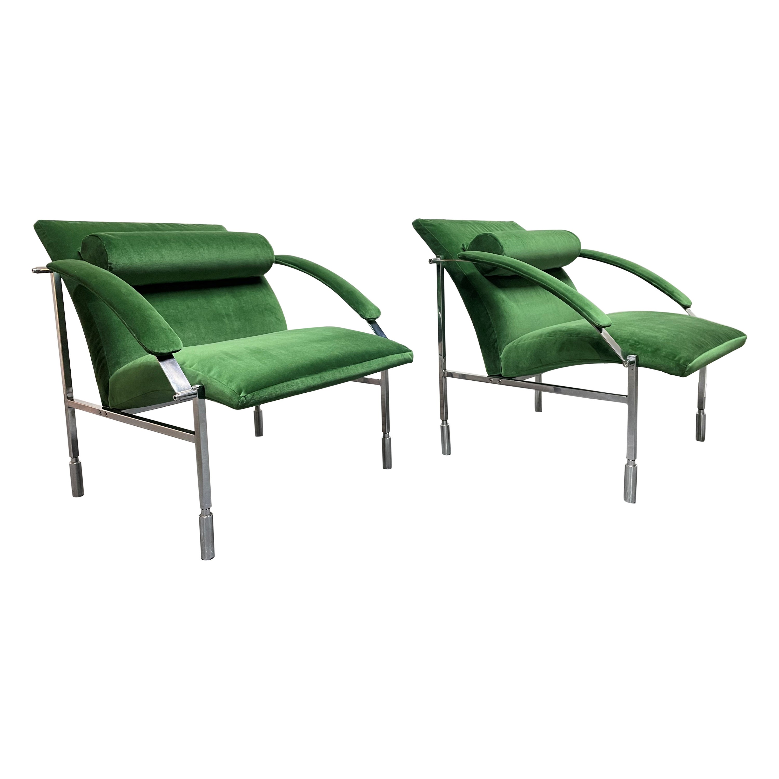 Pair Italian Velvet and Chrome Lounge Chairs For Sale