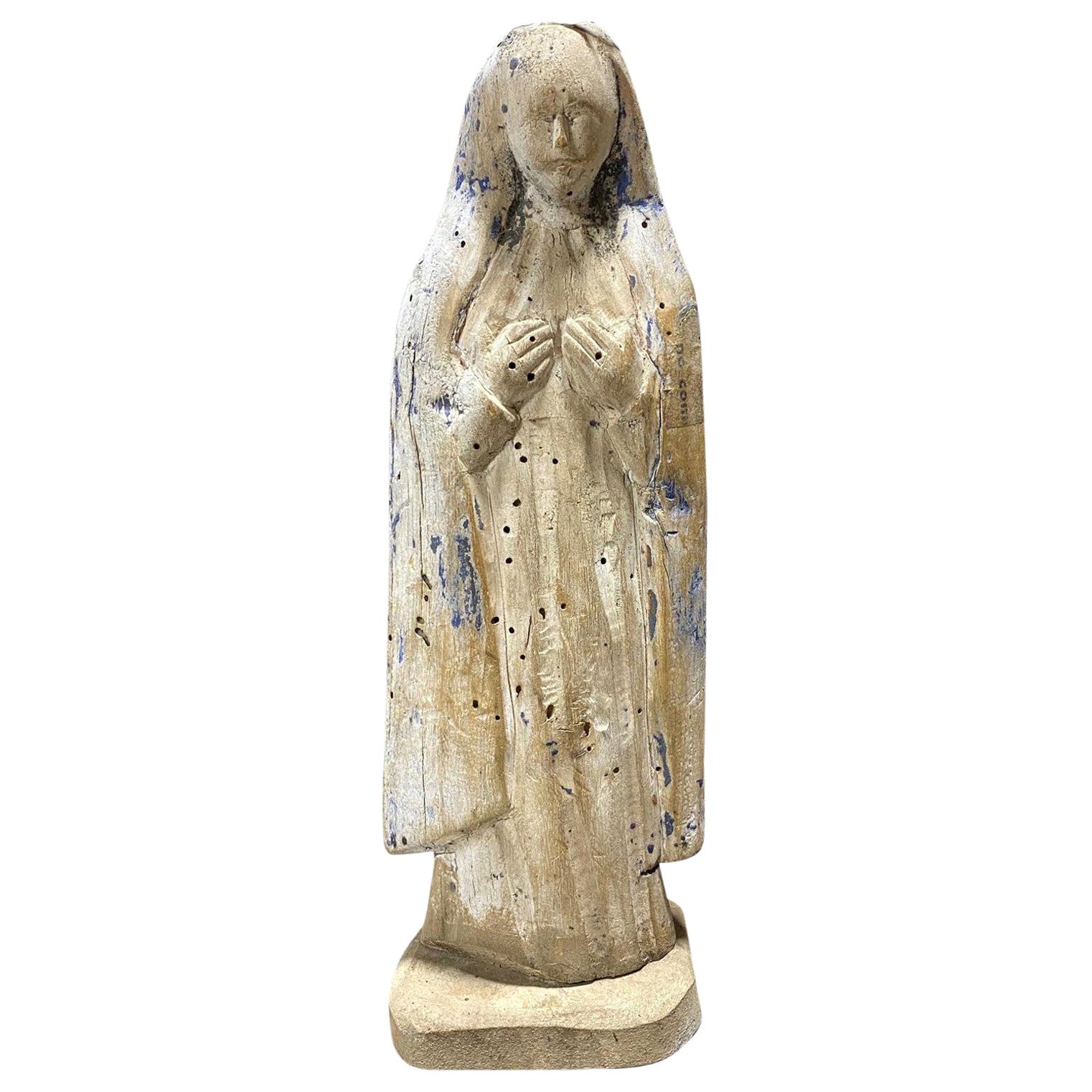 Mother Mary Madonna Wood Carved Polychrome Santo Santos, 18th-19th Century For Sale
