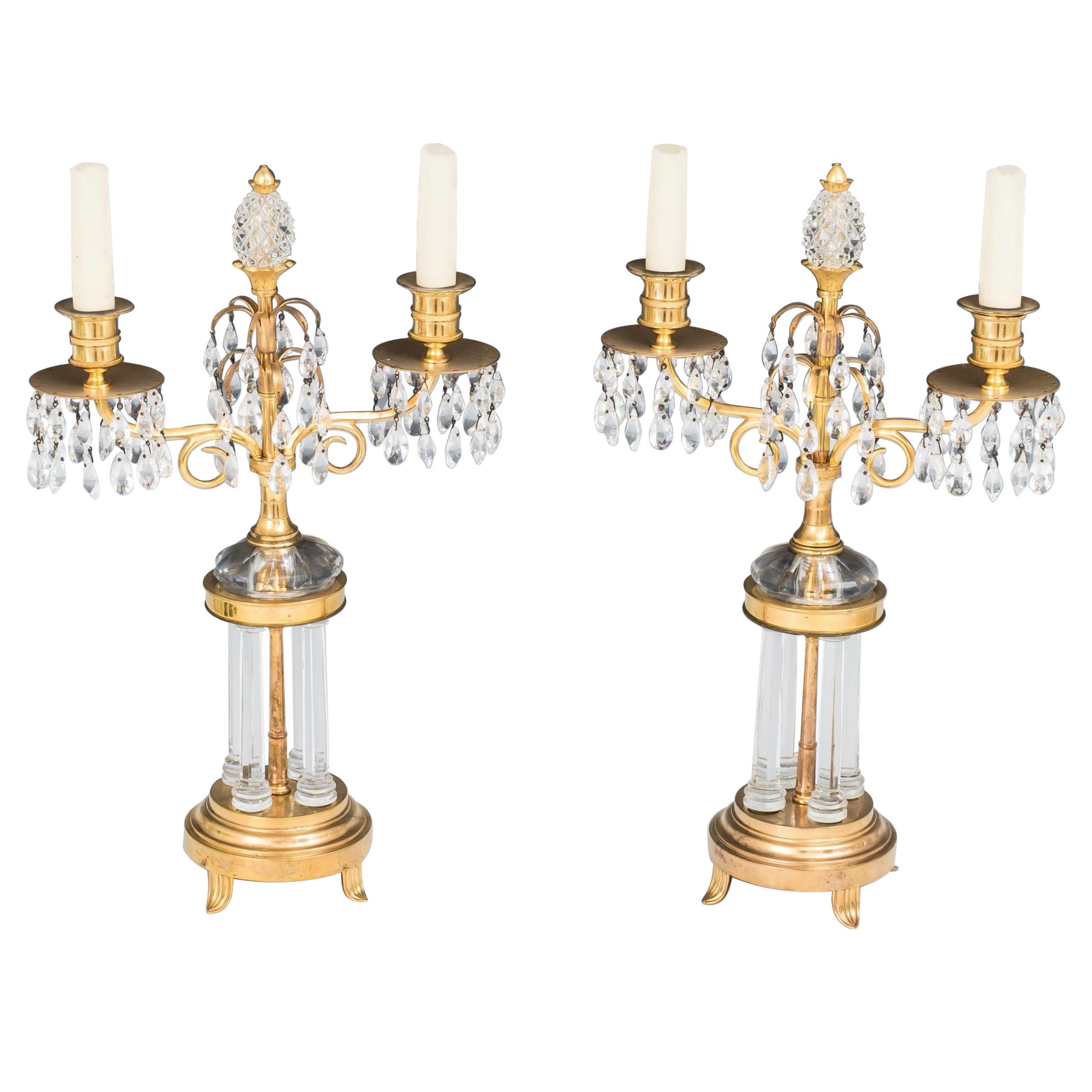 A Pair of Ormolu and Glass Temple Candelabra For Sale