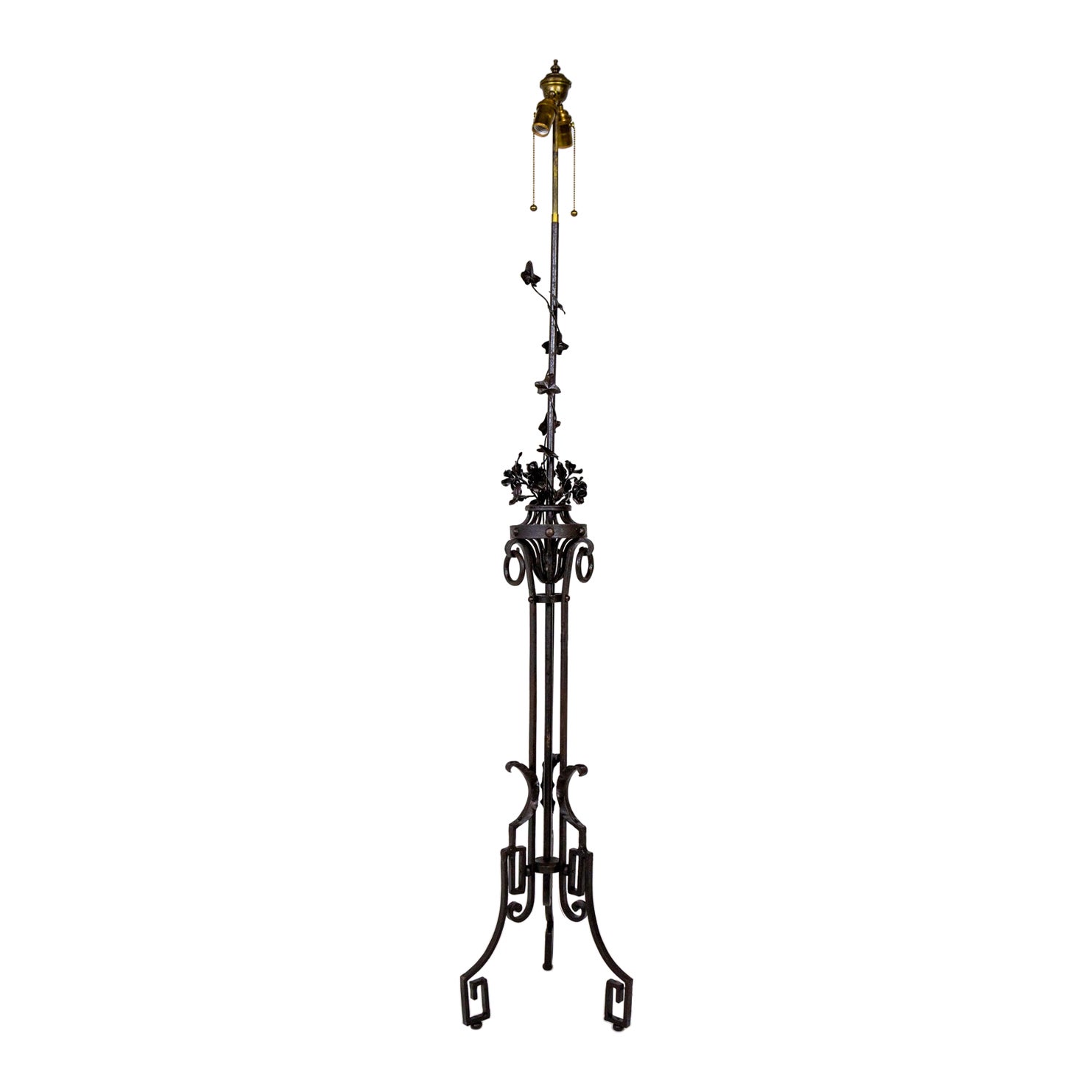 Early 20th Cent. Black Wrought Iron Ivy Art Deco Floor Lamp For Sale