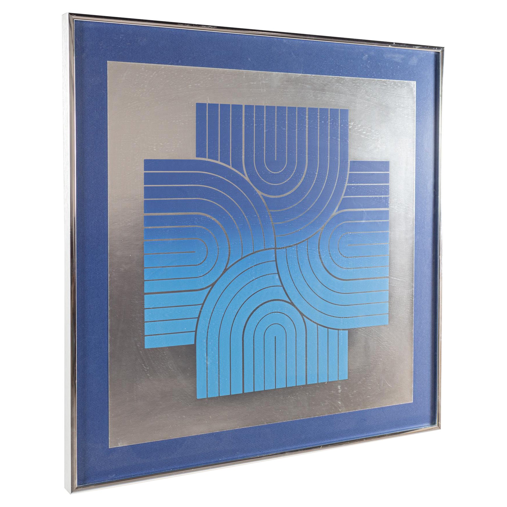 Blue and Silver Abstract Print For Sale