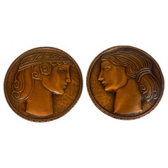 Vintage Pair of Art Deco Copper Portrait Plaques, Signed A.Gilles