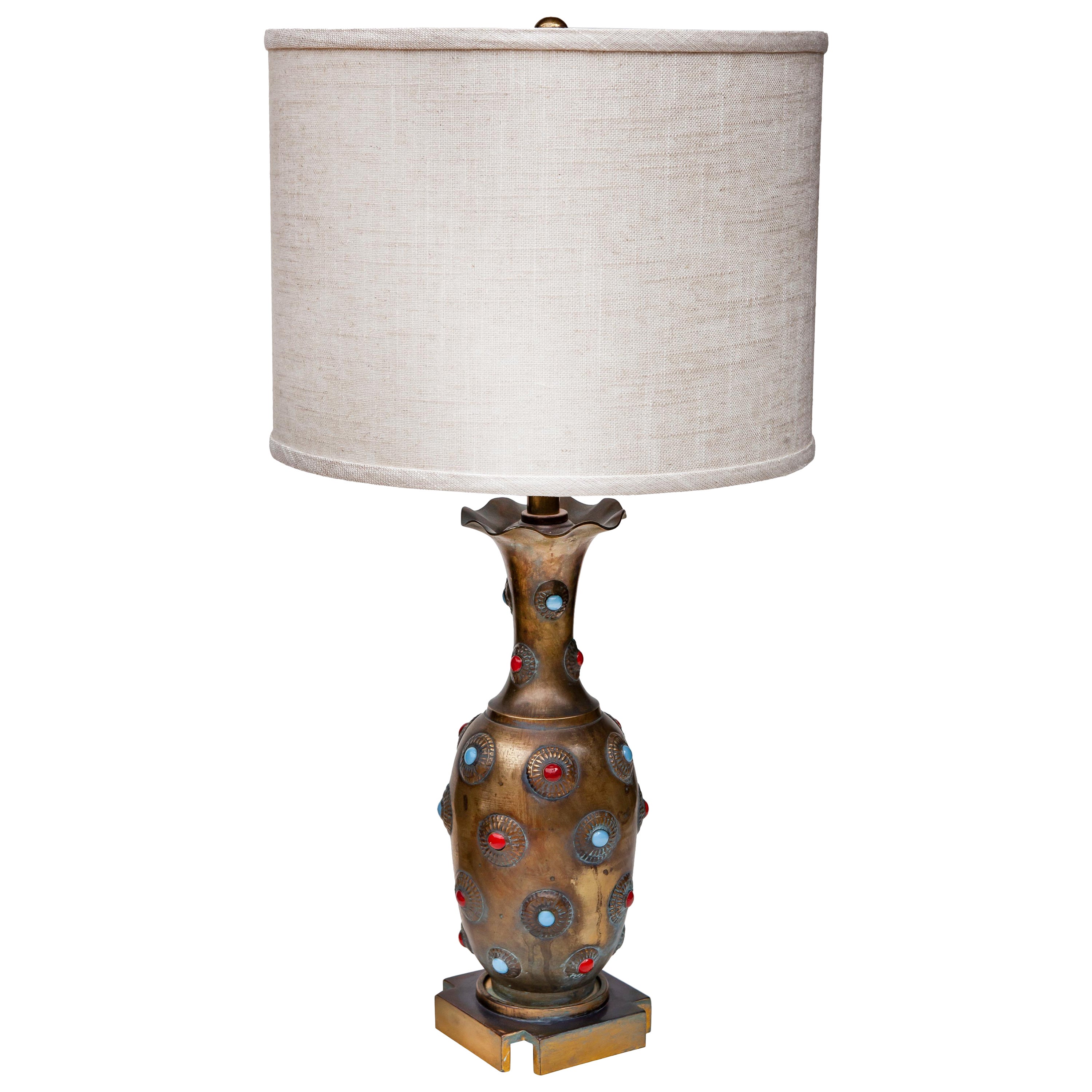 Hand Tooled Jewel Studded Brass Lamp  For Sale