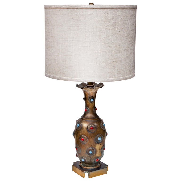 Hand Tooled Jewel Studded Brass Lamp For Sale at 1stDibs
