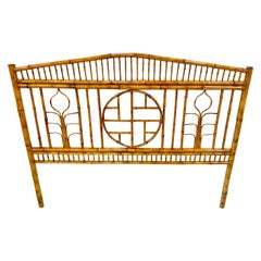 French Modern Zen Motif Bamboo & Rattan Queen Size Headboard, Circa 1970s