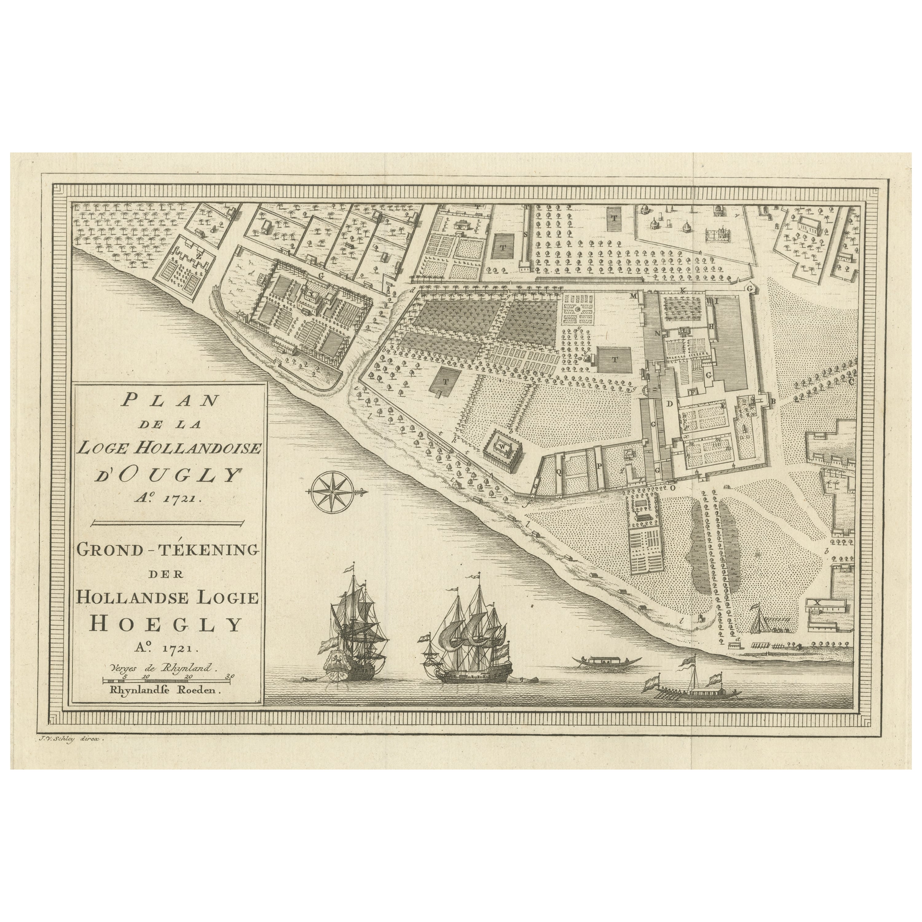 Original Antique Plan of the Dutch Settlement at Chinsura-Hooghly, India, 1746 For Sale