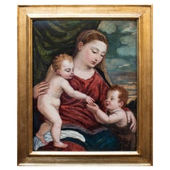 16th Century Madonna with Child and San Giovannino Painting Oil on Panel