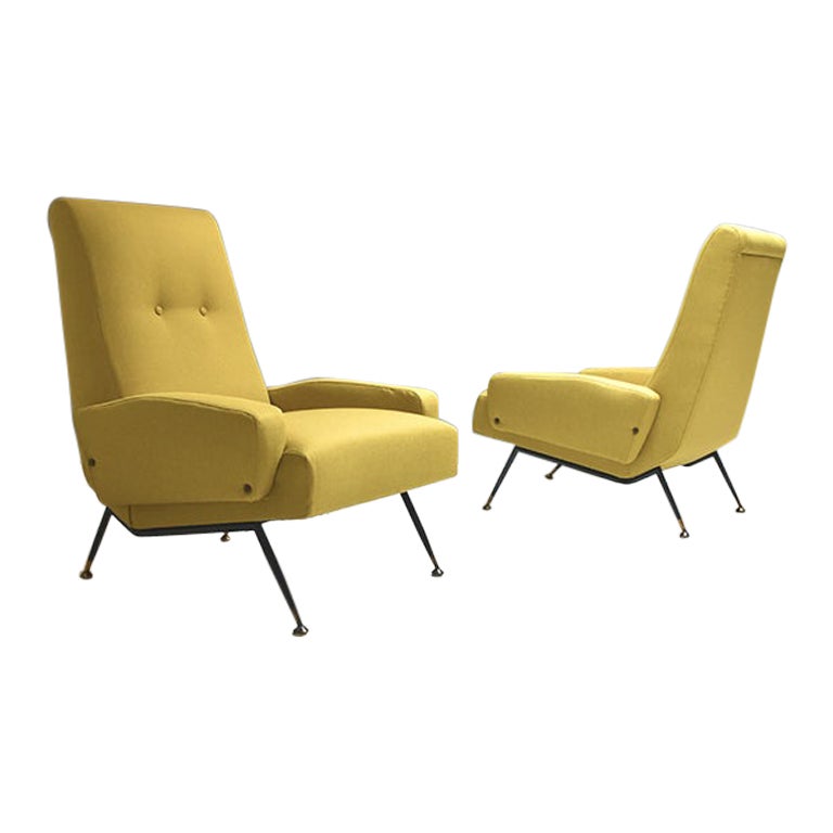 1960, Set of Two Vintage Armchairs with Black Iron Legs and Brass Feet