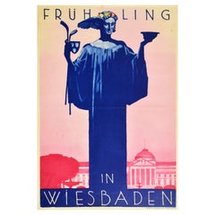 Original Vintage Poster Fruhling In Wiesbaden Spring Flowers Goddess Golf Clubs