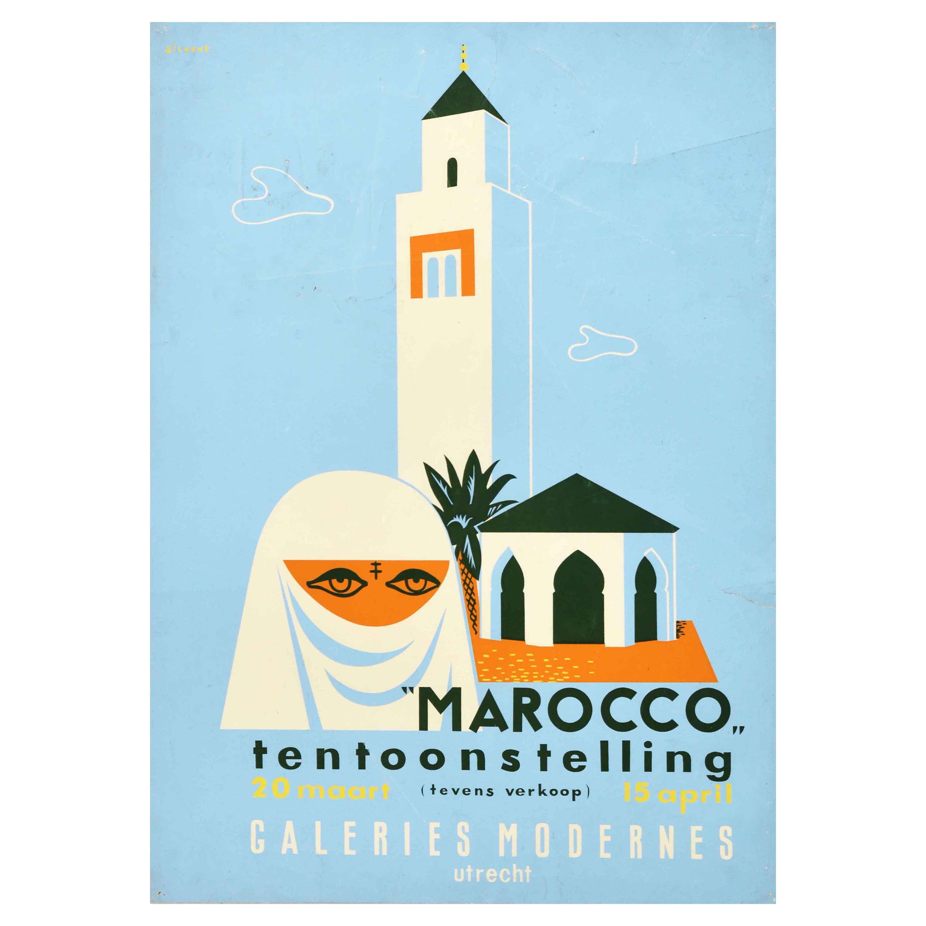 Original Vintage-Poster, Marokko, Nordafrika, Ausstellung, Verkauf, Galeries, Moderne, Vintage 