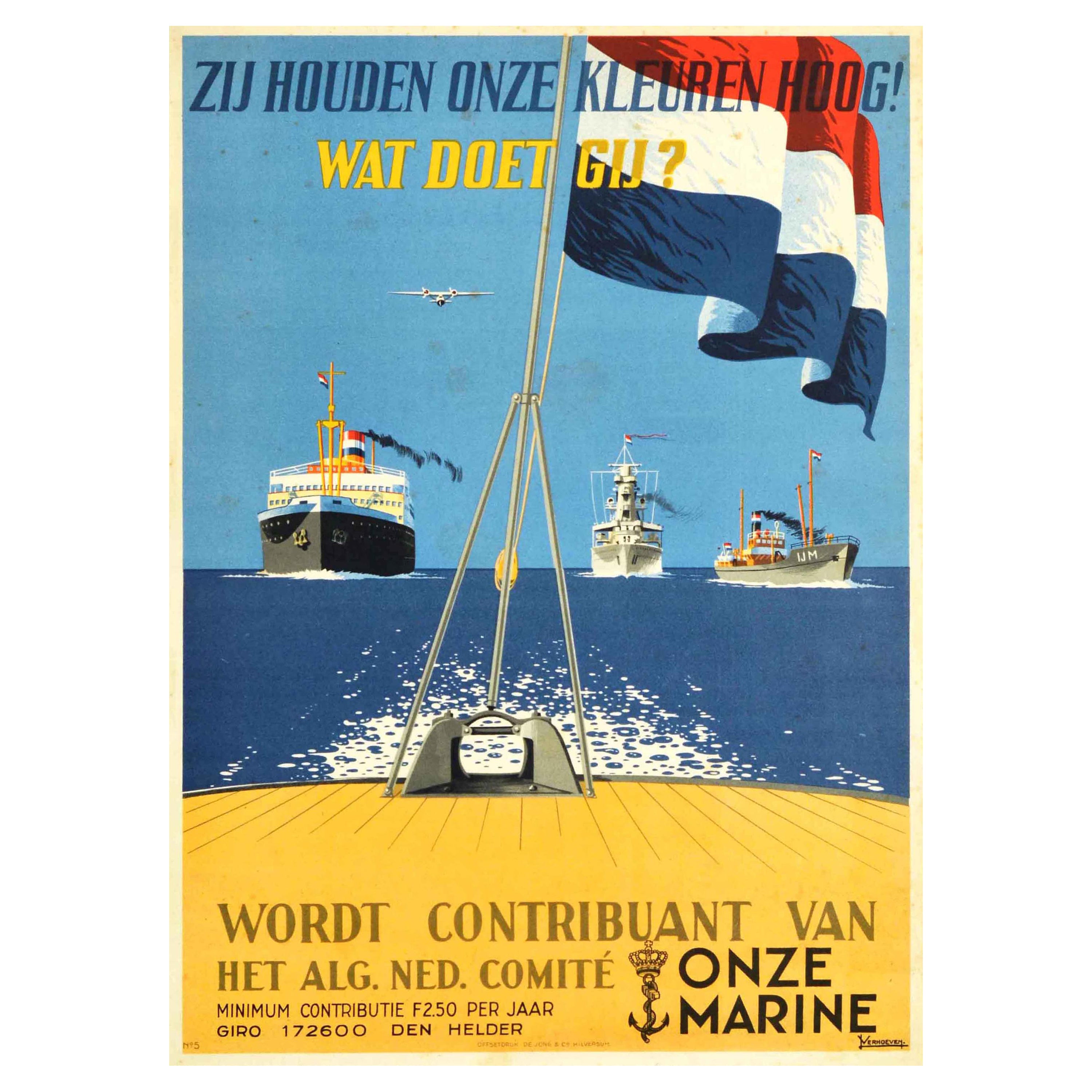 Affiche rétro originale de la Seconde Guerre mondiale, Royal Netherlands Navy, Koninklijke Marine, Bateaux de guerre