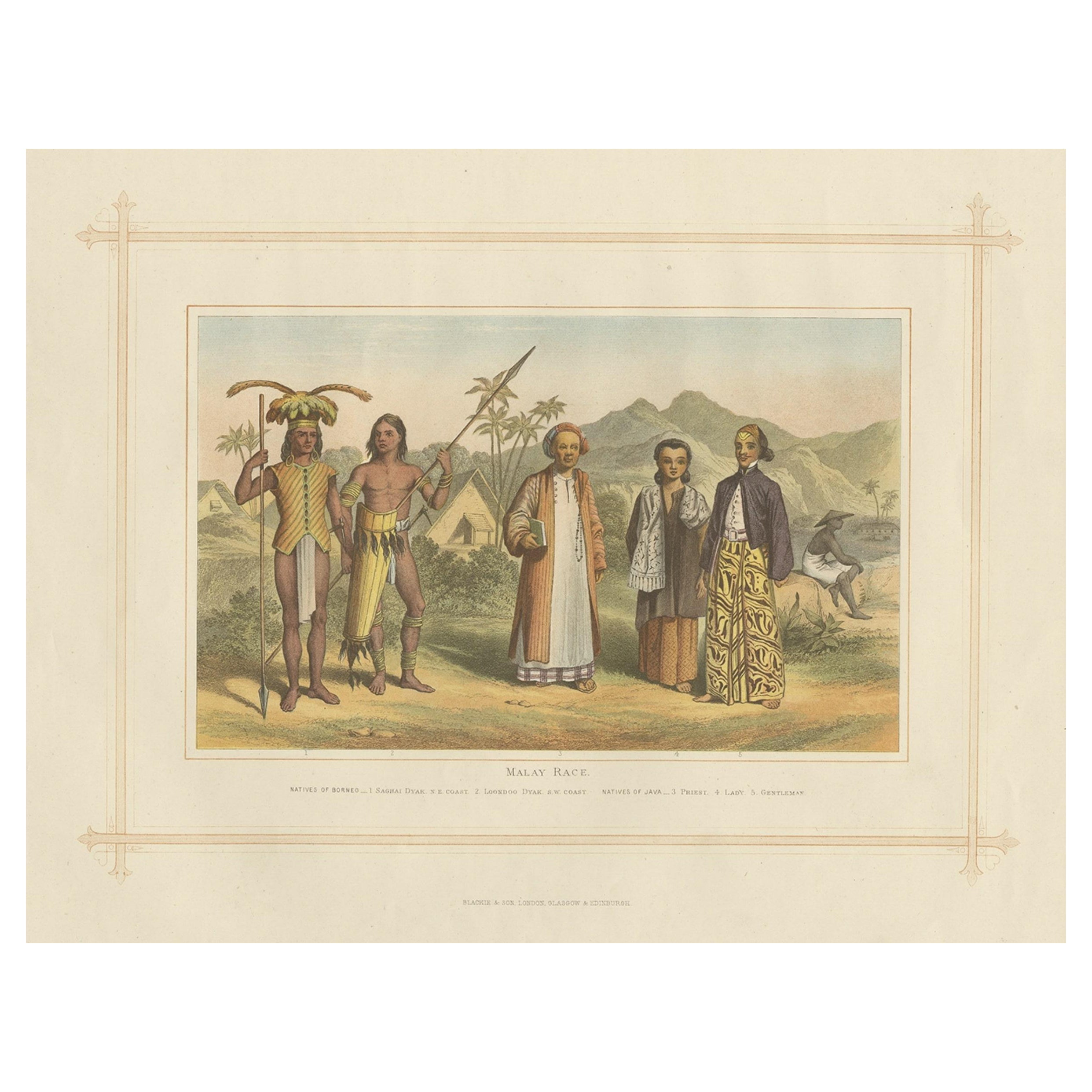 Antica cromolitografia raffigurante i nativi malesi, inclusi i Dayak del Borneo, 1882