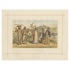 Chromolithographie ancienne représentant des malayes autochtones, y compris des chérubins de Borneo, 1882