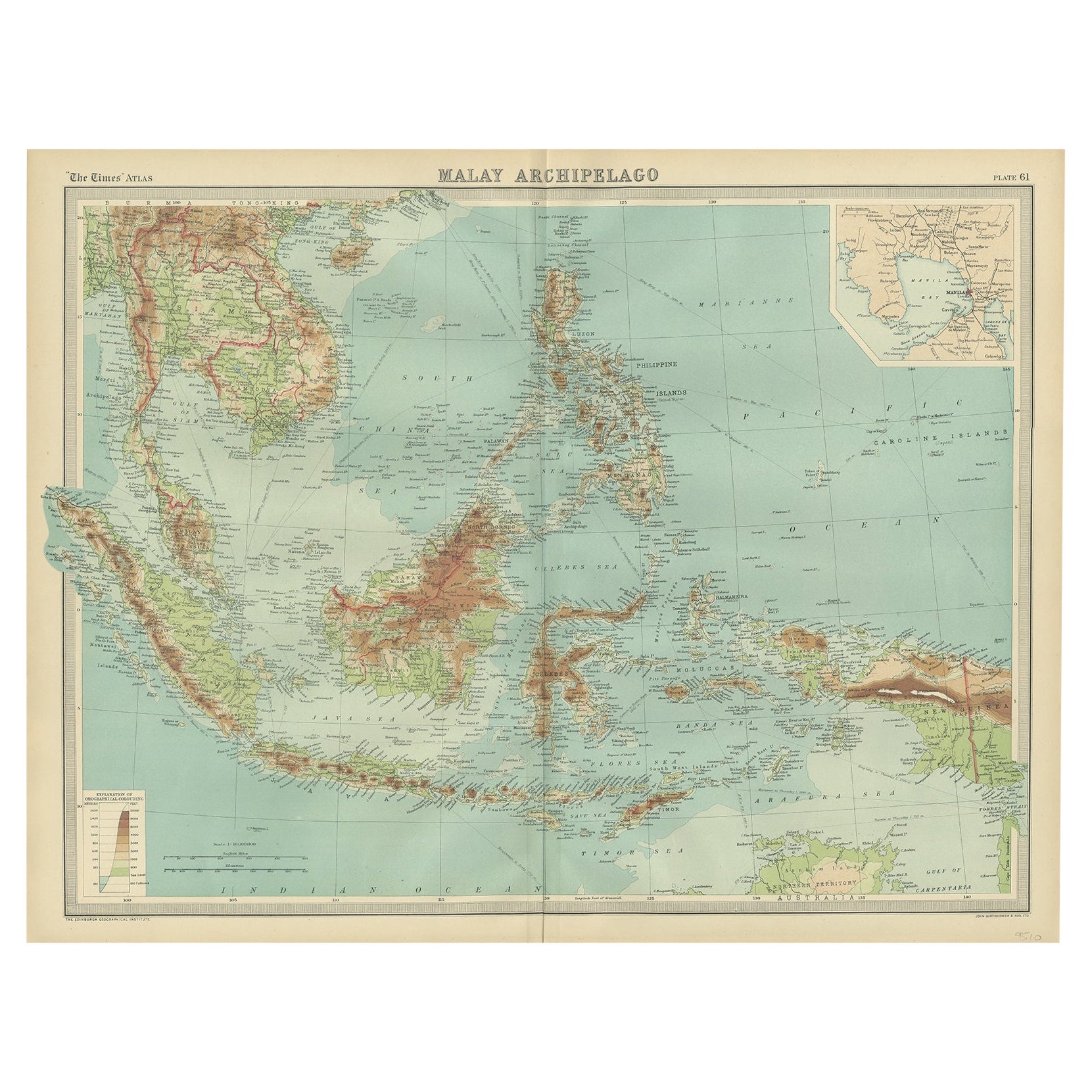 Old Map of South East Asia Showing the Malay Archipelago, incl Borneo etc, 1922