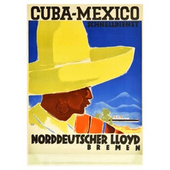 Original Vintage Cruise Travel Poster Cuba Mexico Norddeutscher Lloyd Steamship