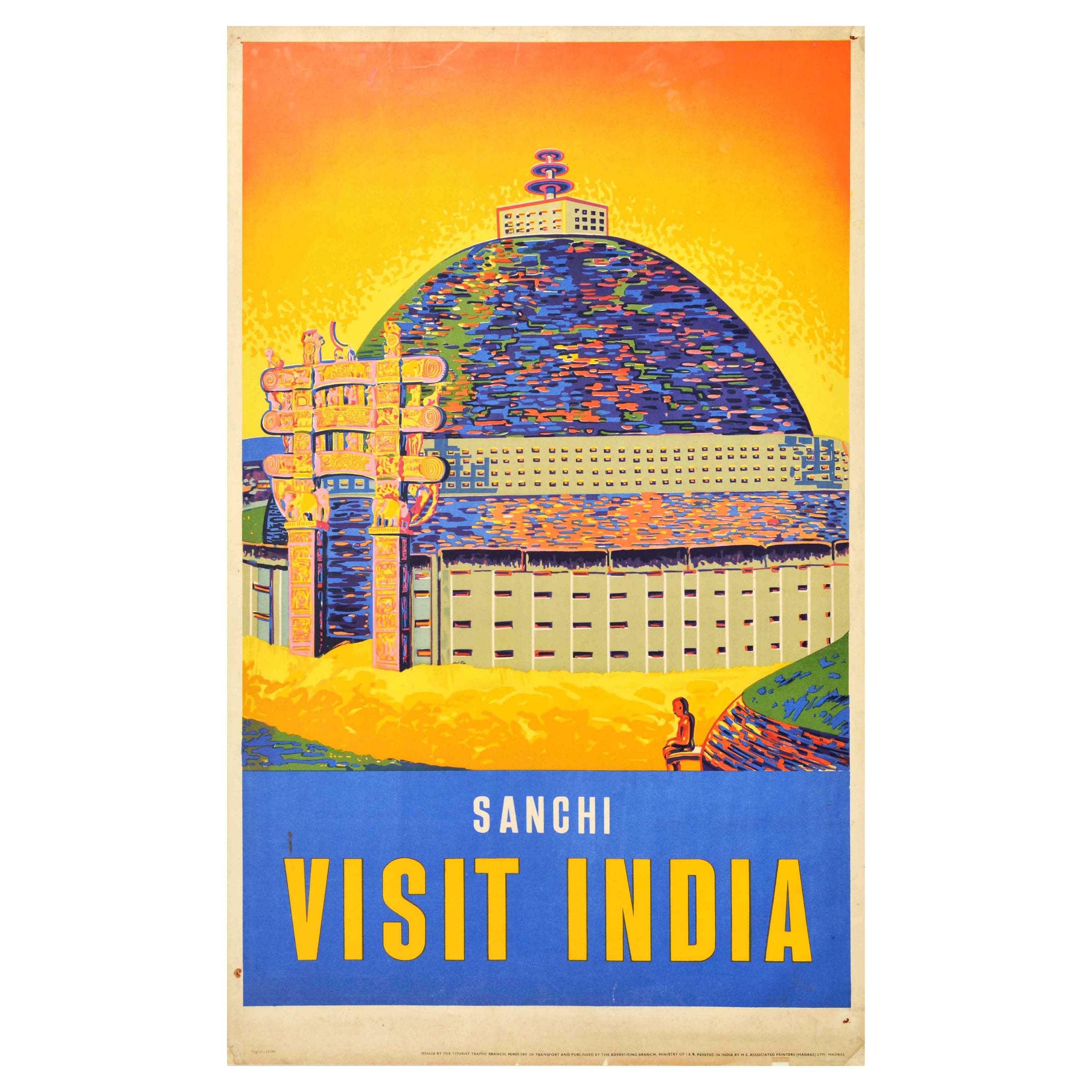 Original Vintage Poster For Sanchi Visit India Architecture Great Stupa Buddhism For Sale
