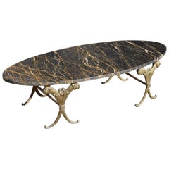 Low Oval Coffee Table in Portoro Marble and Solid Brass 1950s Gio Ponti Style