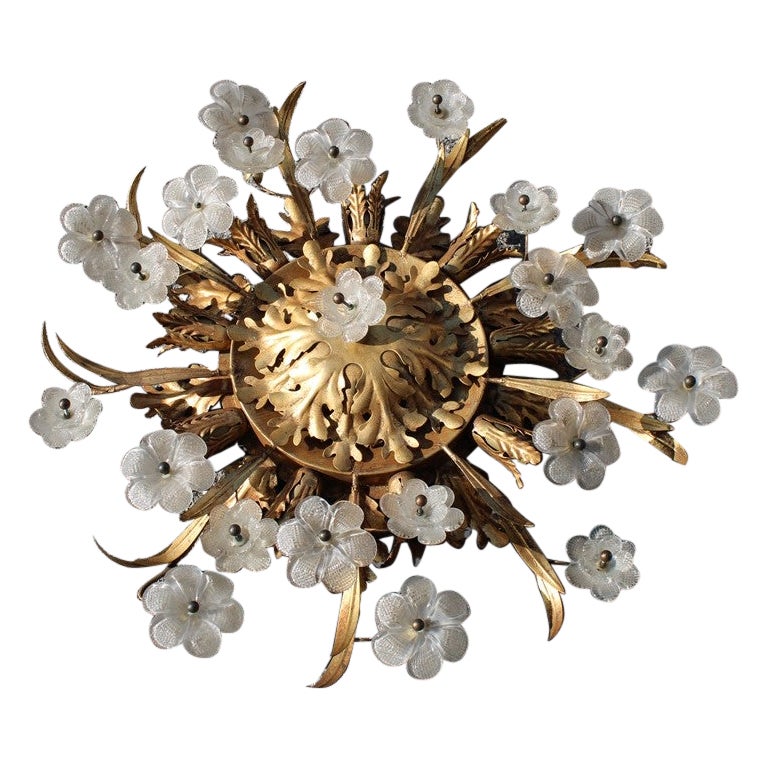 French Ceiling Lamp from Around 1950 in Gilded Metal and Murano Glass Flowers