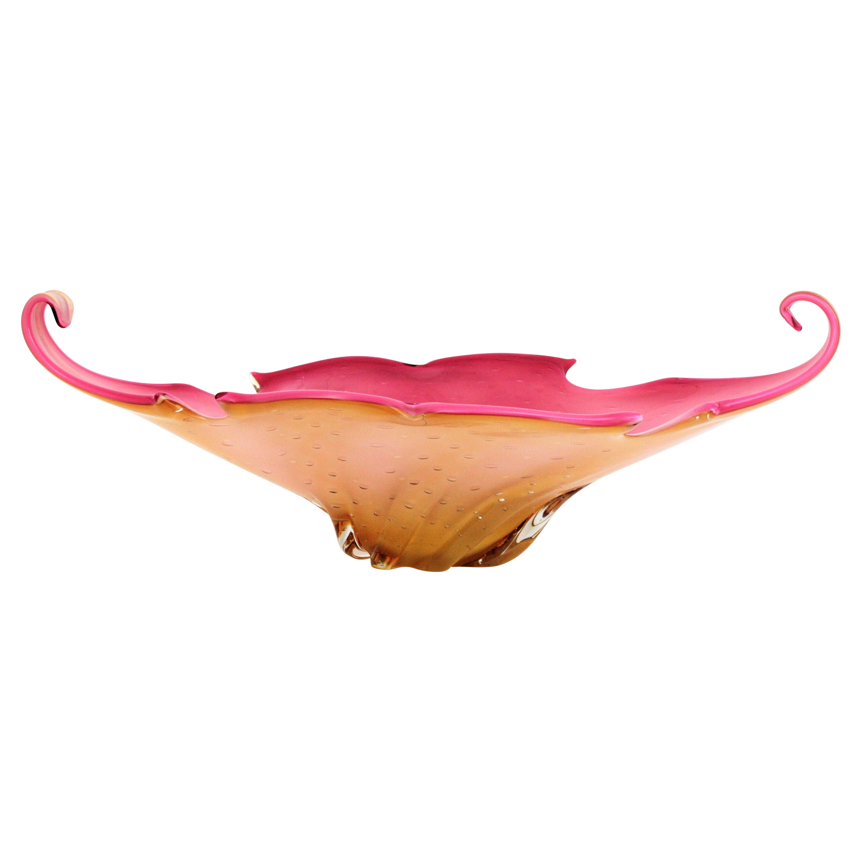 Monumental Italian Modernist Murano glass centerpiece vase.
Extra Large ( 23, 2 in ) pink amber pulled glass centerpiece attributed to Archimede Seguso. Italy, 1950s.
Beautifully shaped elongated bullicante Murano glass centerpiece in clear and