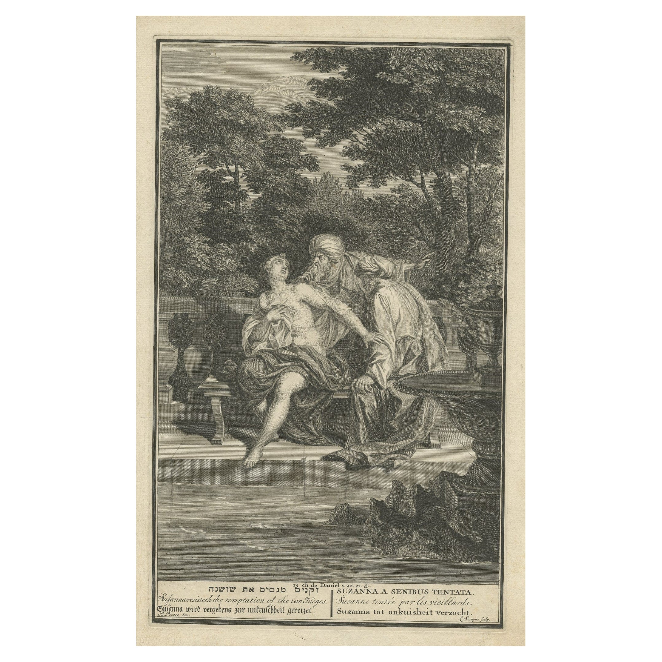 Impression religieuse intitulée « Susanna résiste à la tentation des deux juges », 1728 en vente