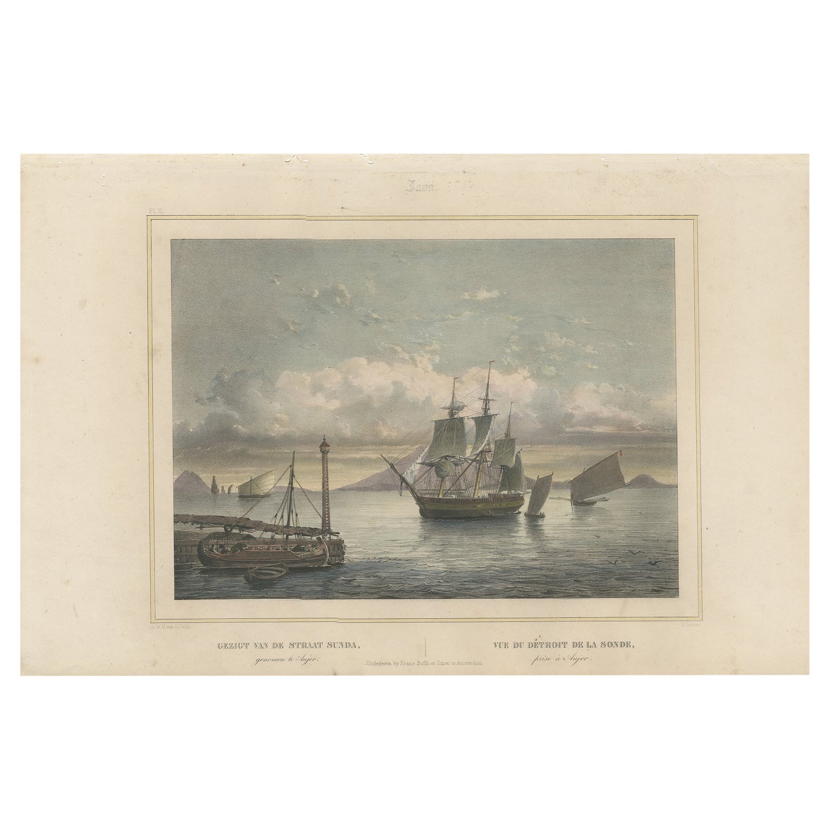 Old Print of Ships near Anyer & Krakatoa in the Sunda Straits, Indonesia, 1844 For Sale