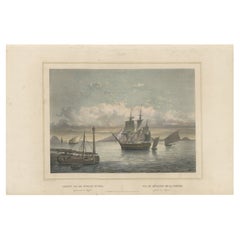 Antique Old Print of Ships near Anyer & Krakatoa in the Sunda Straits, Indonesia, 1844