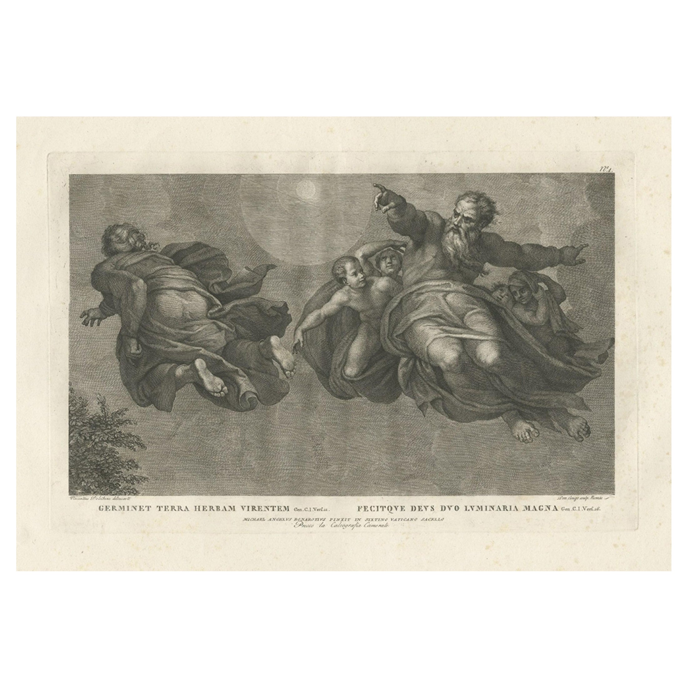 Stampa della vegetazione, del sole e della luna, dagli affreschi della Cappella Sistina, 1780 ca.
