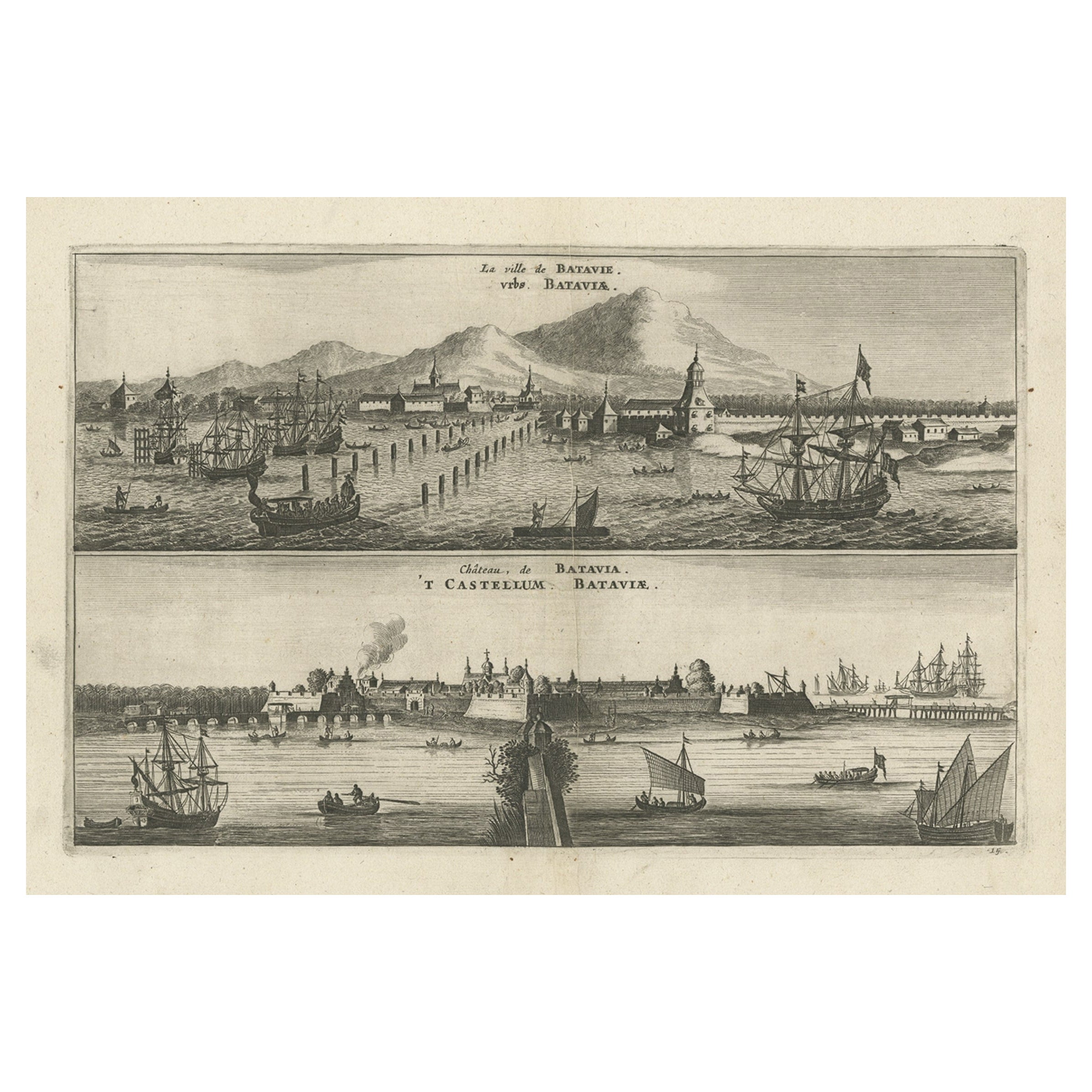Ancienne estampe avec une vue sur la ville et le château de Batavia 'Jakarta', Indonésie, 1668