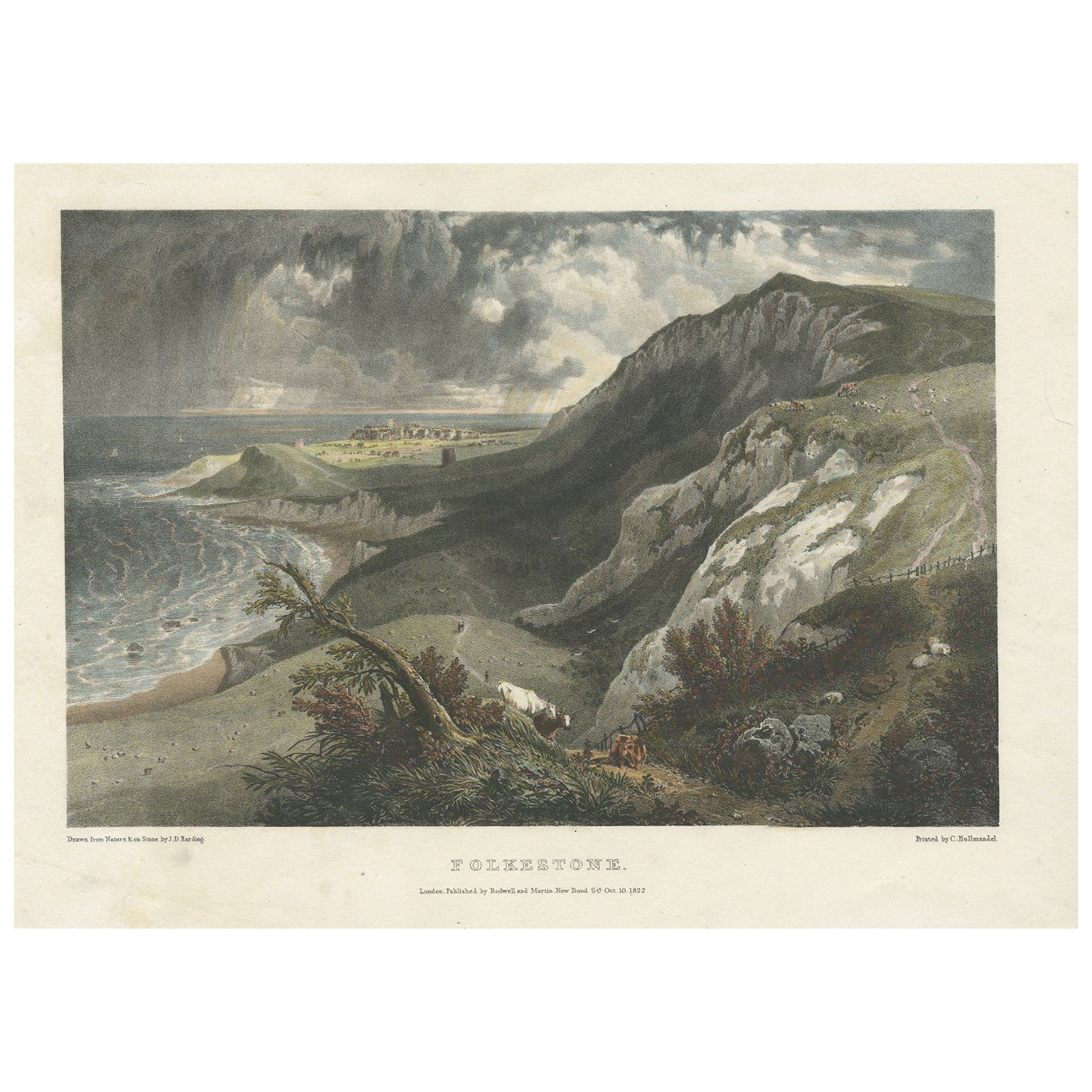Handkolorierter Druck des Folkestone-Unternehmens „ Vereinigtes Königreich“, gesehen aus dem Osten, 1822