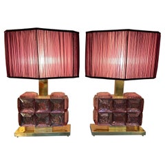 Pair of Murano Pink Glass Faceted Diamond Table Lamps with Our Lampshades, 1970