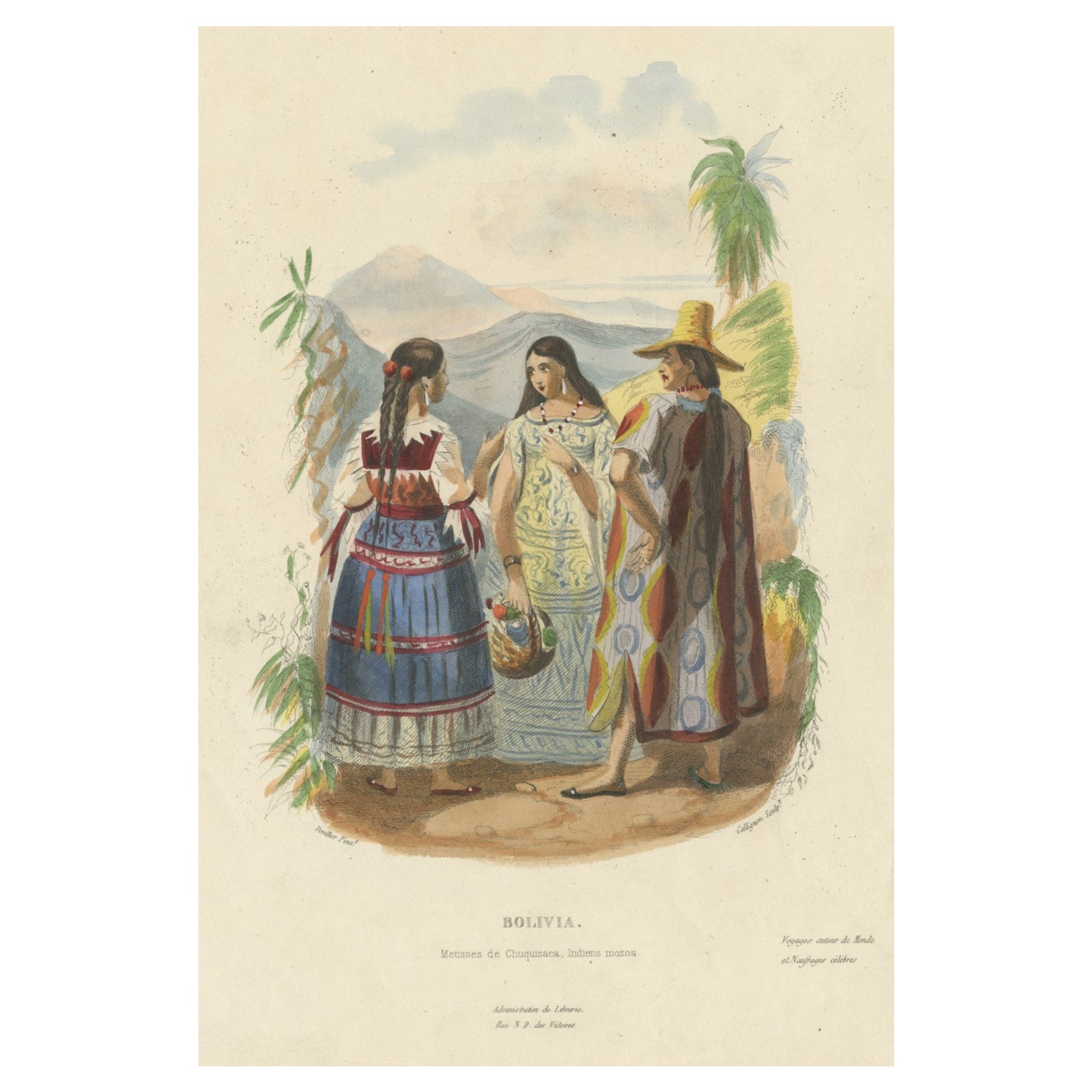 Impression ancienne originale de deux femmes et d'un homme originaire de Birmanie, Amérique du Sud, 1843