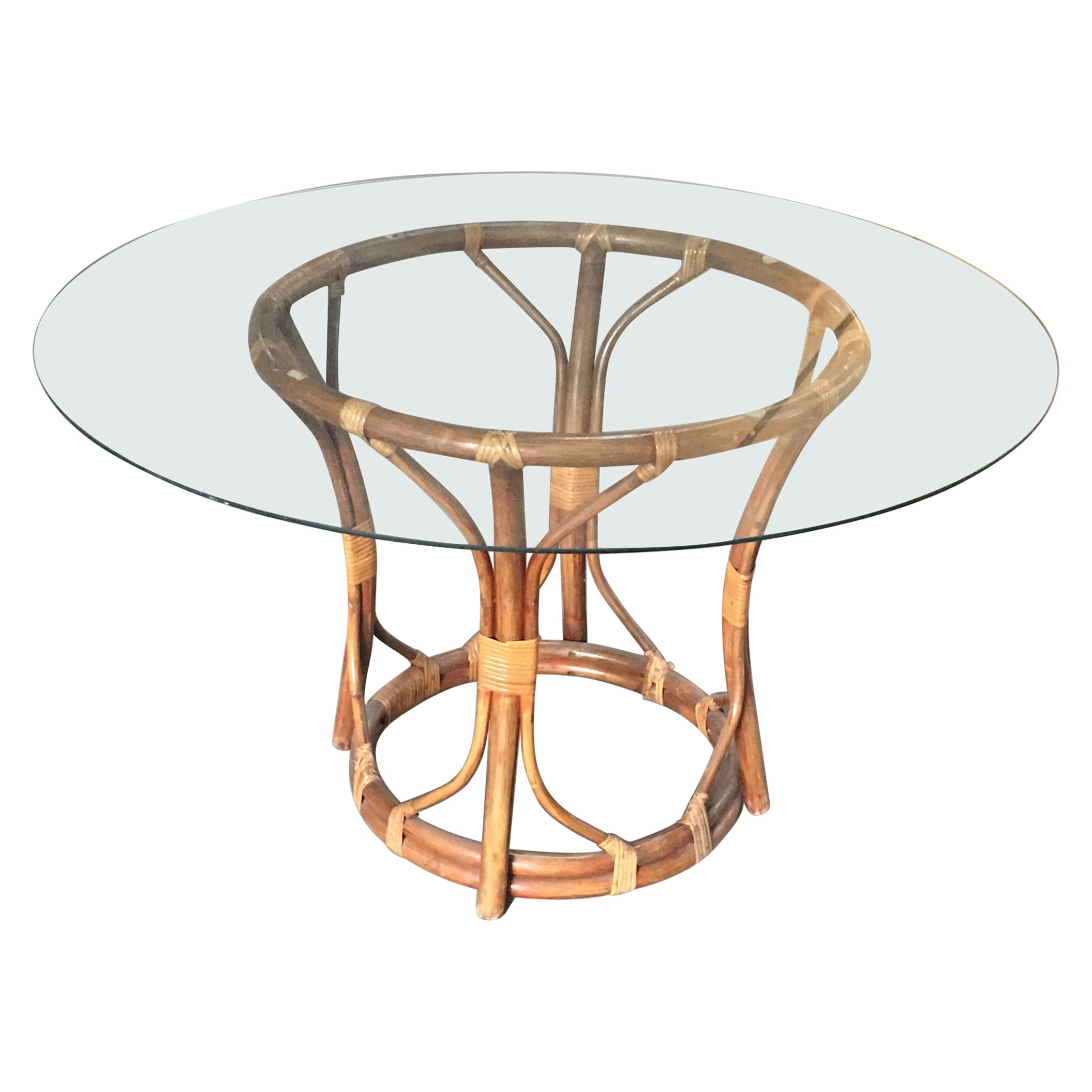 Mid-Century Modern Italian Bamboo and Cane Round Table with Glass Top, 1970s