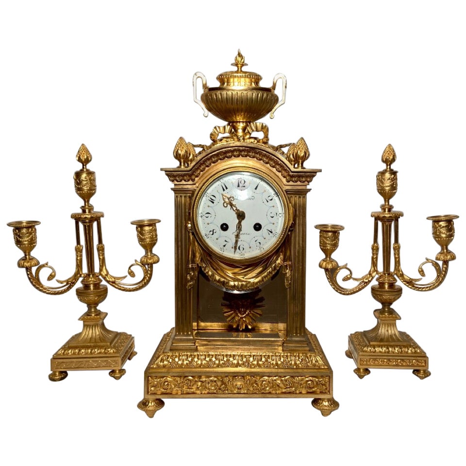 Antique French Louis XVI Bronze D'ore 3-Piece Garniture Clock Set, Circa 1880