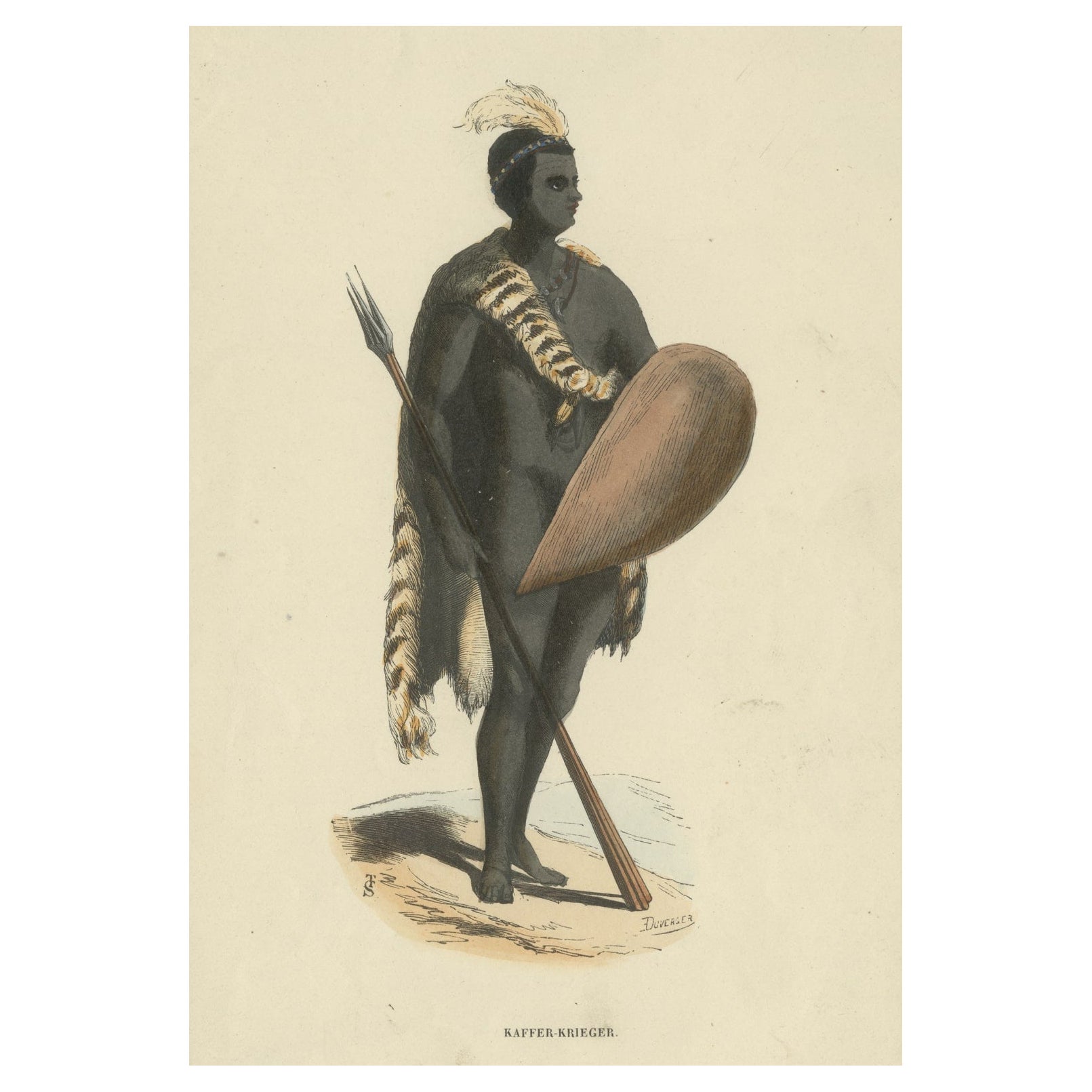 Impression ancienne originale colorée à la main d'un guerrier africain, vers 1845