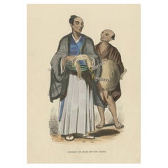 Original Hand-Colored Antique Print of a Japanese Nobleman & Servant, ca.1845